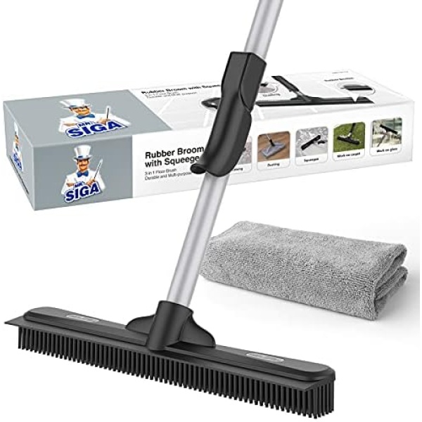 MR.SIGA Pet Hair Removal Rubber Broom with Built in Squeegee, 3 in 1 Floor Brush