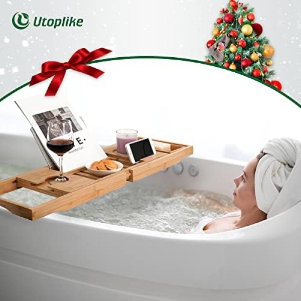 Utoplike Bathtub Caddy Tray, Bamboo Tub Tray with Sliding Towel Holder - Image 2