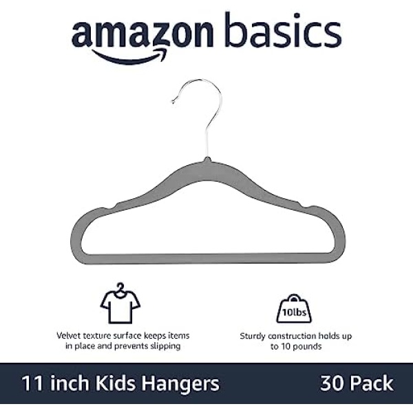 Amazon Basics Kids Velvet, Non-Slip Clothes Hangers, Gray - Pack of 30 - Image 2