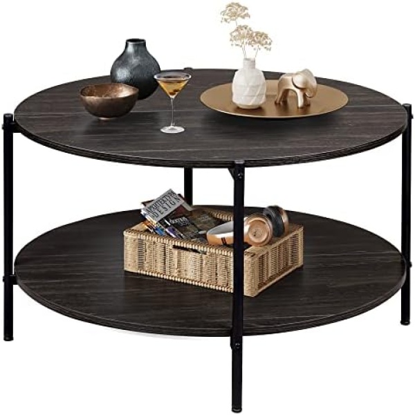 WLIVE Round Coffee Table, Living Room Table with 2-Tier Storage Shelf