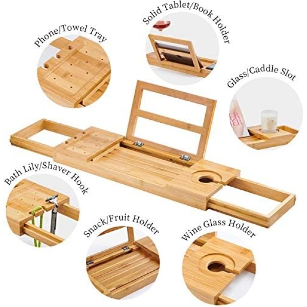 Utoplike Bathtub Caddy Tray, Bamboo Bath tub Tray with Adjustable Arms - Image 2