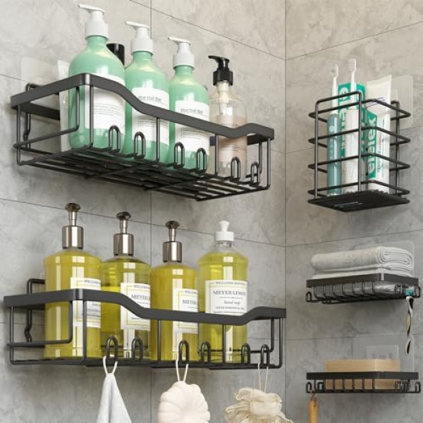 Coraje Adhesive Shower Caddy, 5-Pack Shower Shelves, Large Capacity Load Bearing