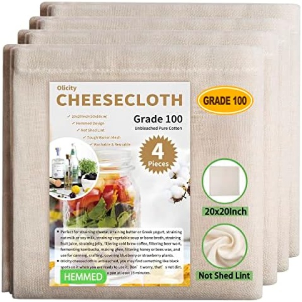 Olicity Cheese Cloth, Grade 100, 20x20Inch Hemmed Cheesecloth for Straining