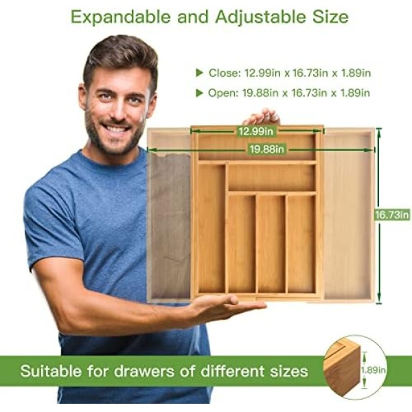 Bamboo Expandable Drawer Organizer for Utensils Holder, Adjustable Cutlery Tray - Image 4