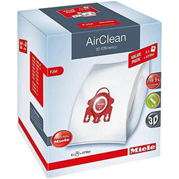 Miele AirClean 3D Efficiency Dust Bag, Type FJM, XL Value Pack, 8 Bags & 4