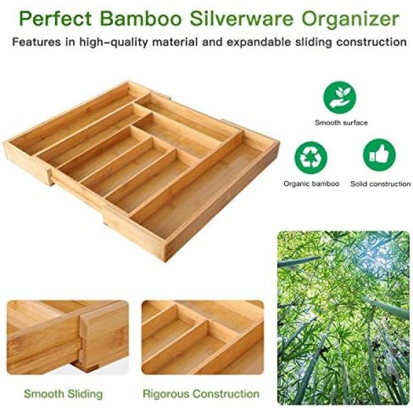 Bamboo Expandable Drawer Organizer for Utensils Holder, Adjustable Cutlery Tray - Image 3