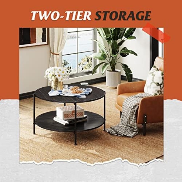 WLIVE Round Coffee Table, Living Room Table with 2-Tier Storage Shelf - Image 2